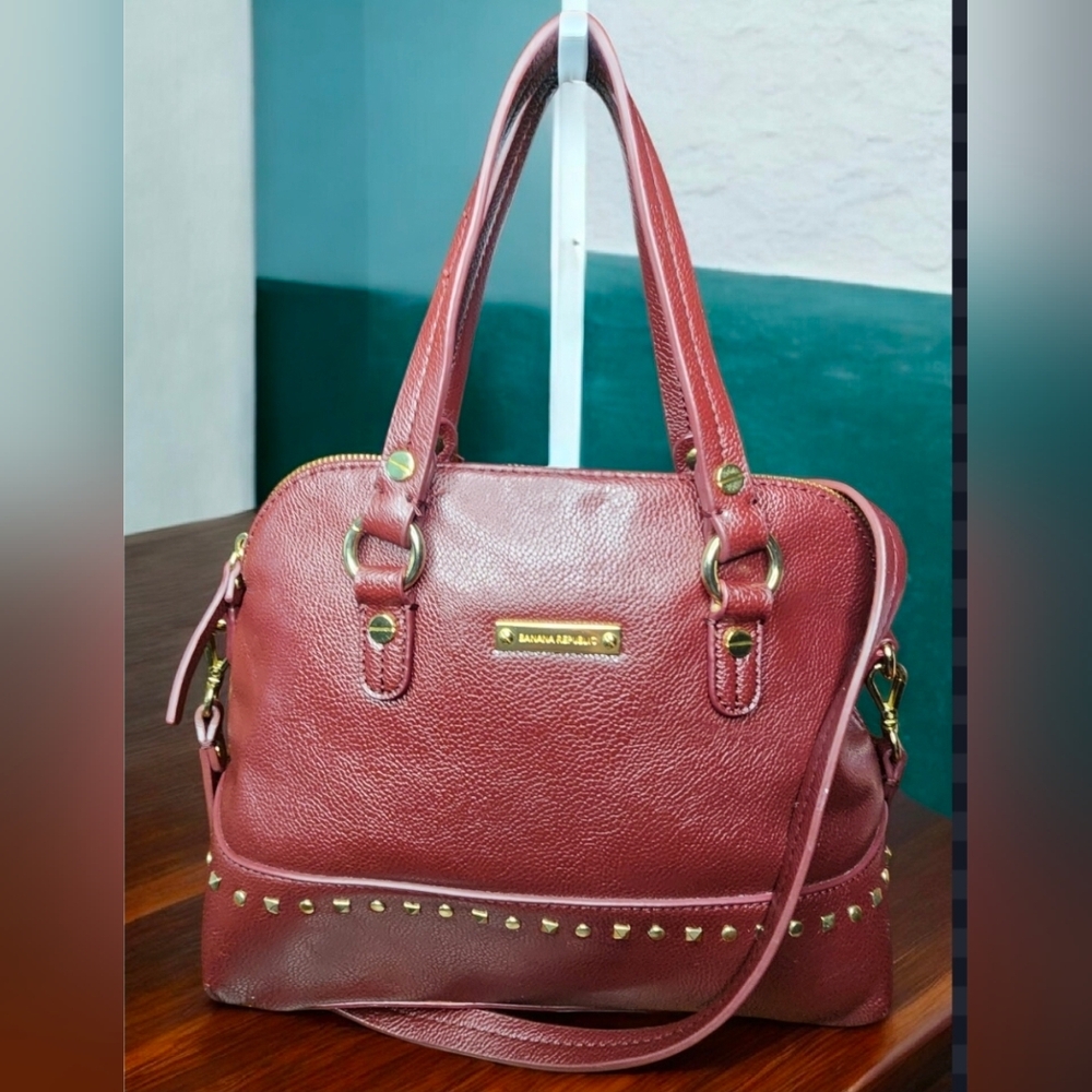 Banana Republic Studded Leather Satchel Purse In Plum